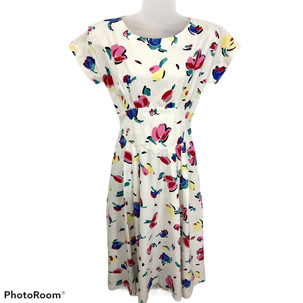 Vintage 90s Dress Cotton Alexander Campbell Midi White Floral Pleated Skirt 8